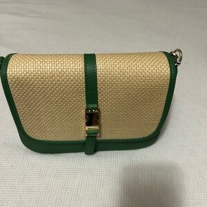 Straw and Green Trim Crossbody Bag